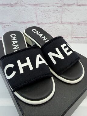 Chanel New Cotton Logo Mule Sandals 36 Black White